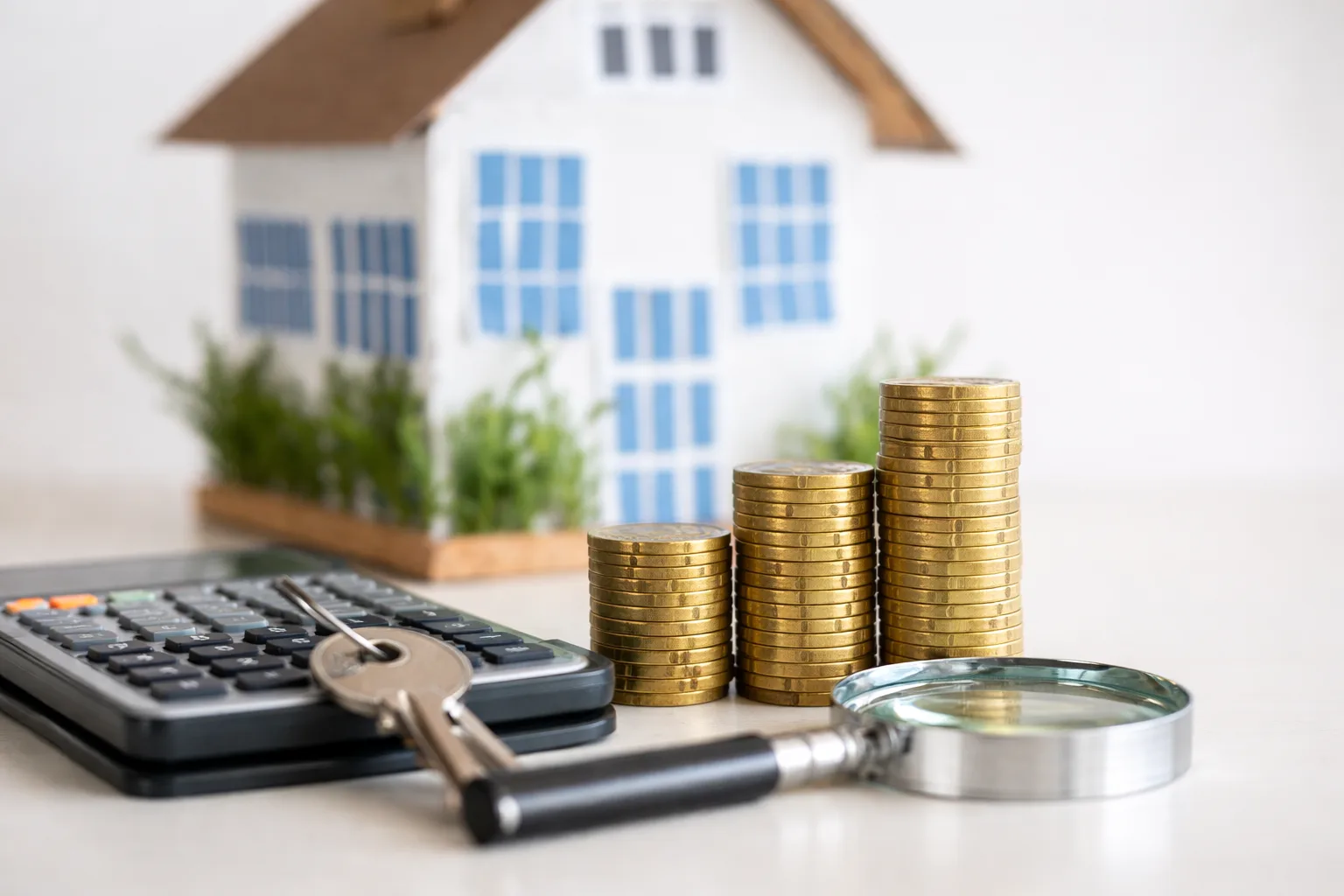 Calculator house model and stacks of coins representing how much house you can afford based on your salary